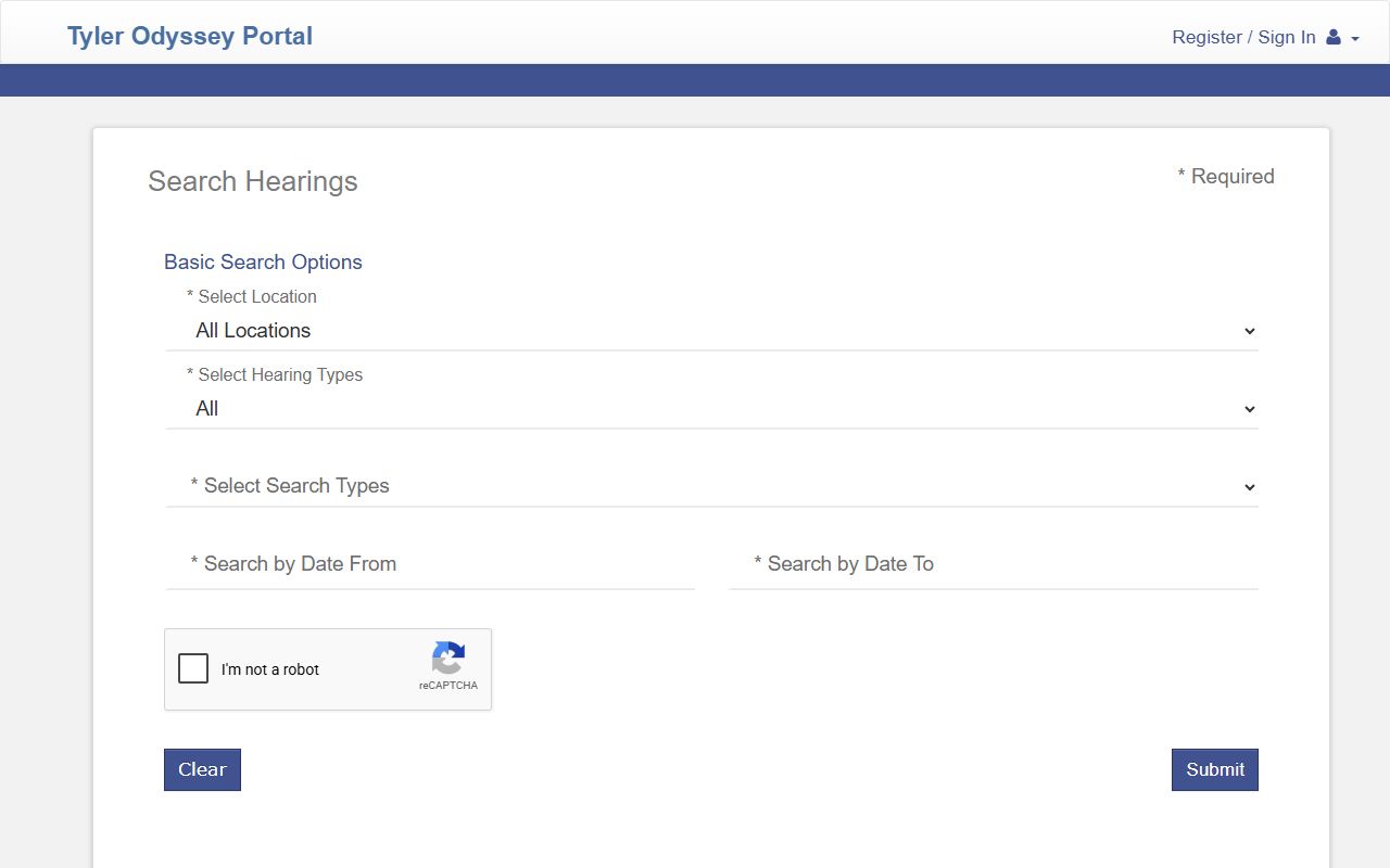 Galveston County court dockets search on the Odyssey Search Hearings portal
