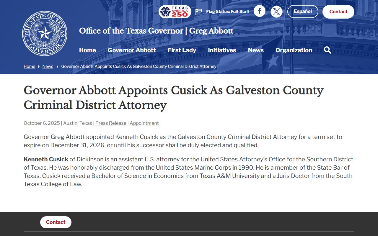 Governor release naming the Galveston County Criminal District Attorney for arrest records