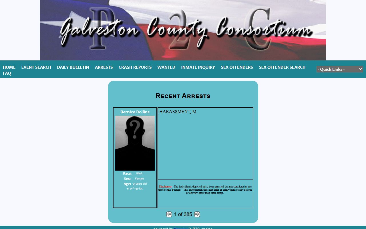 Galveston County arrest records search on the Sheriff P2C arrests page