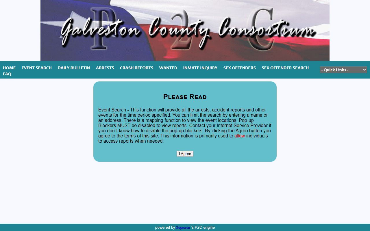 Galveston County arrest records event search on the Sheriff P2C system