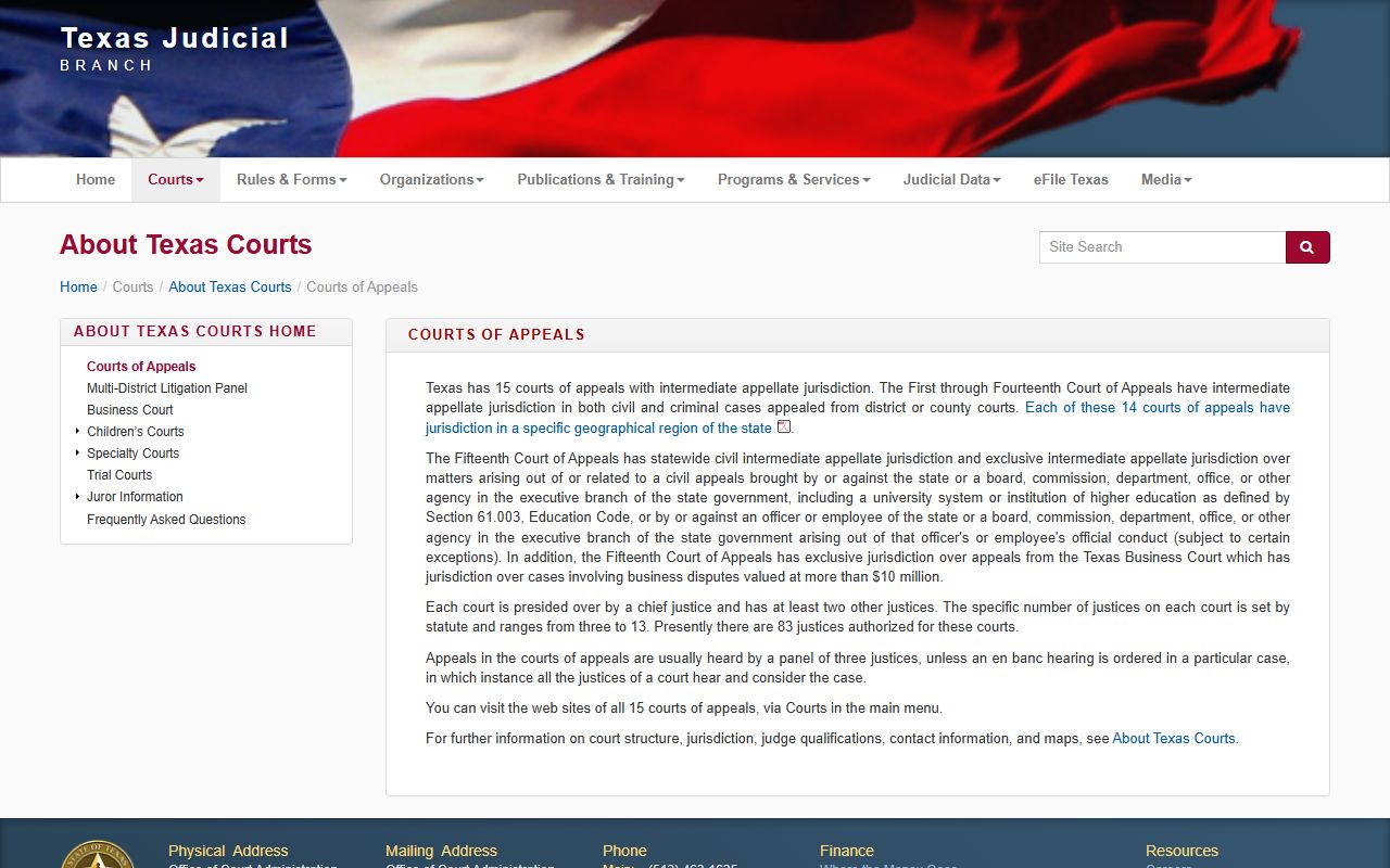 Texas courts of appeals page for Galveston County district court appeals