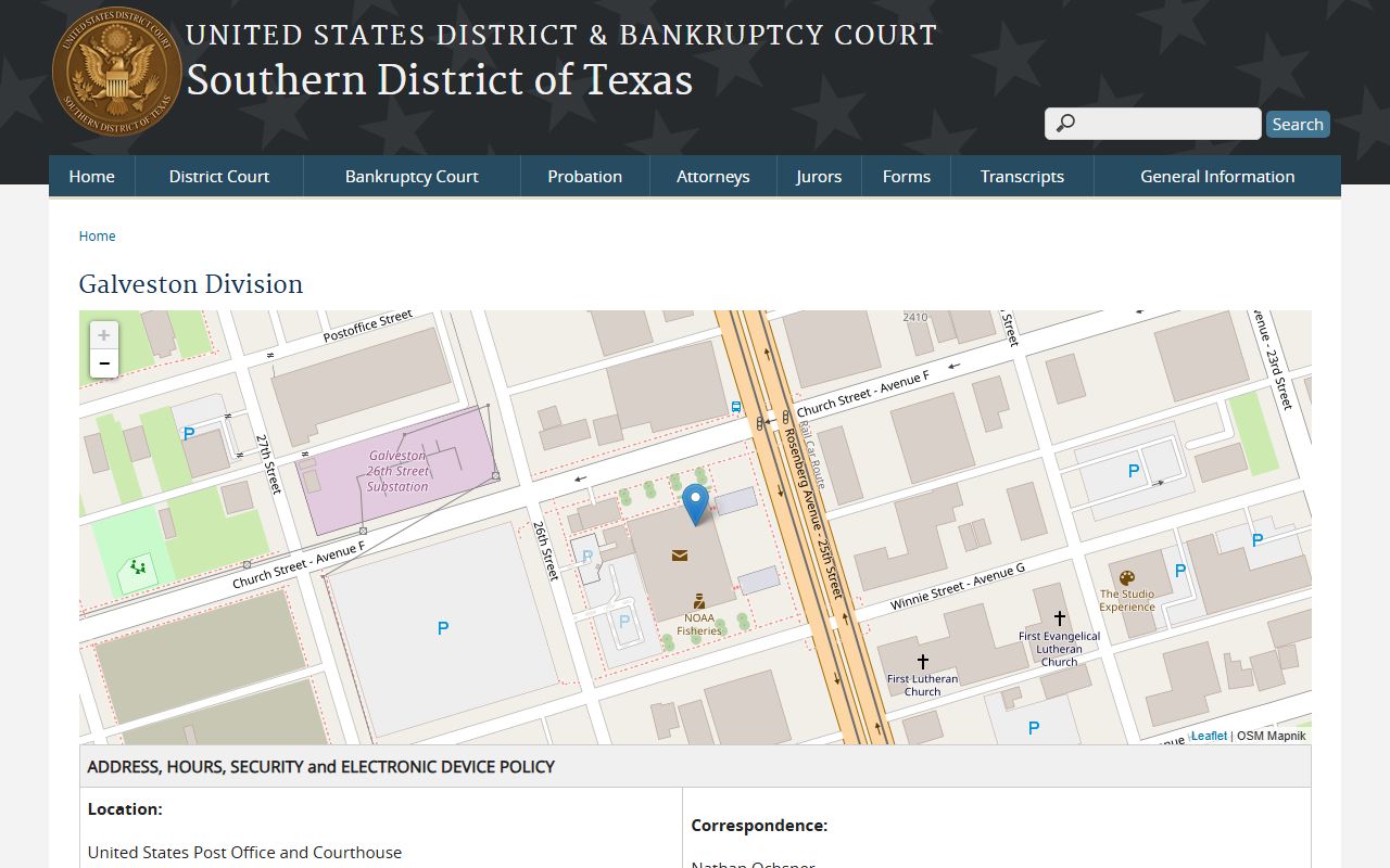 Federal Galveston Division courthouse serving Galveston County
