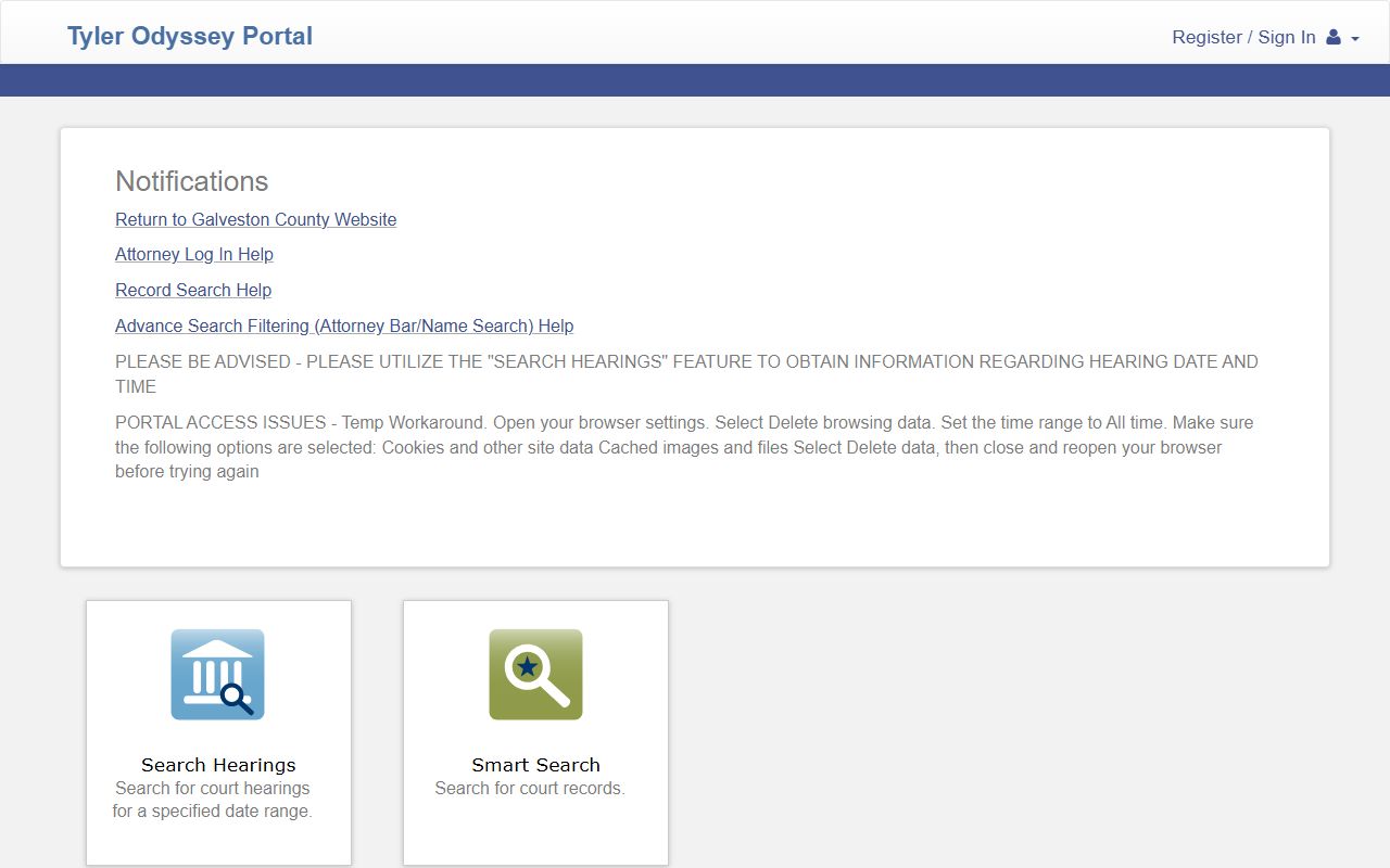Galveston County court records search portal home page