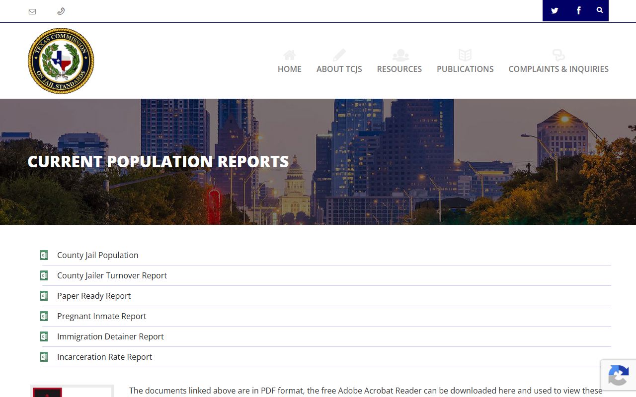 TCJS population reports page for Galveston County jail population data