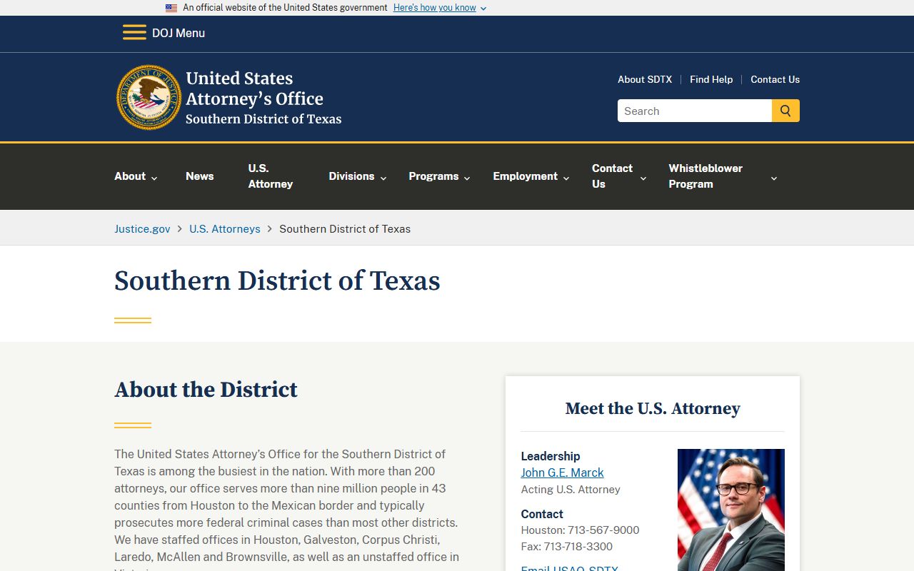 U.S. Attorney Southern District context for Galveston County jail population data