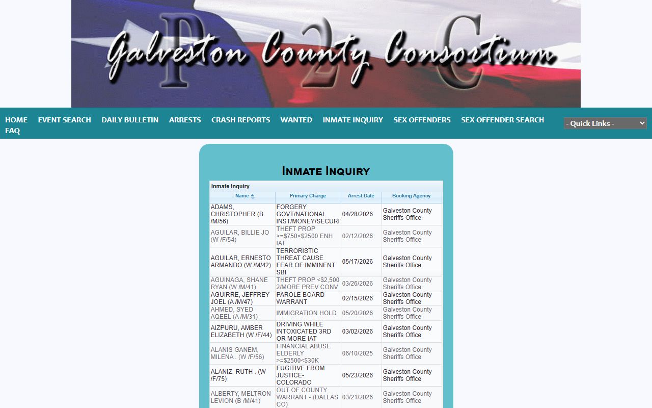 Galveston County inmate search on the Sheriff P2C Inmate Inquiry roster