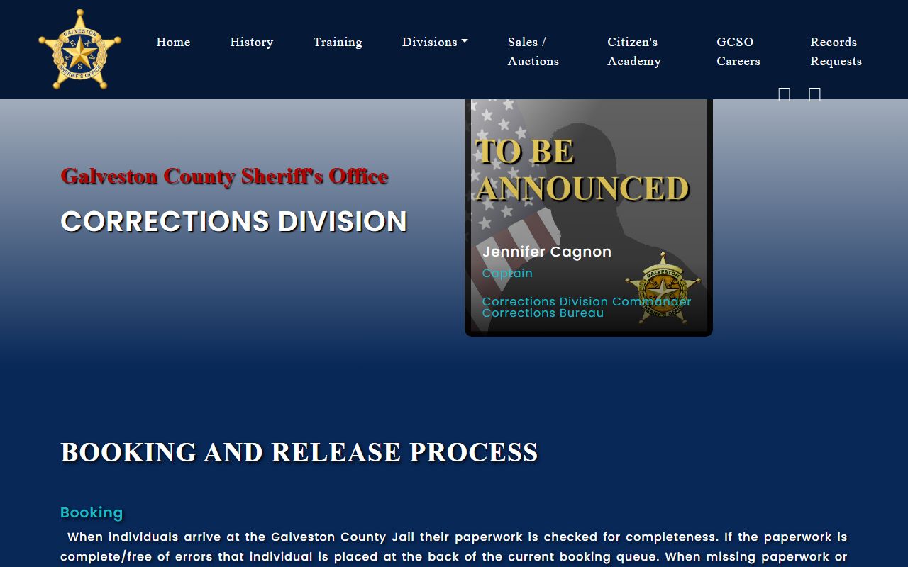 Galveston County jail booking and visitation on the Sheriff Corrections page