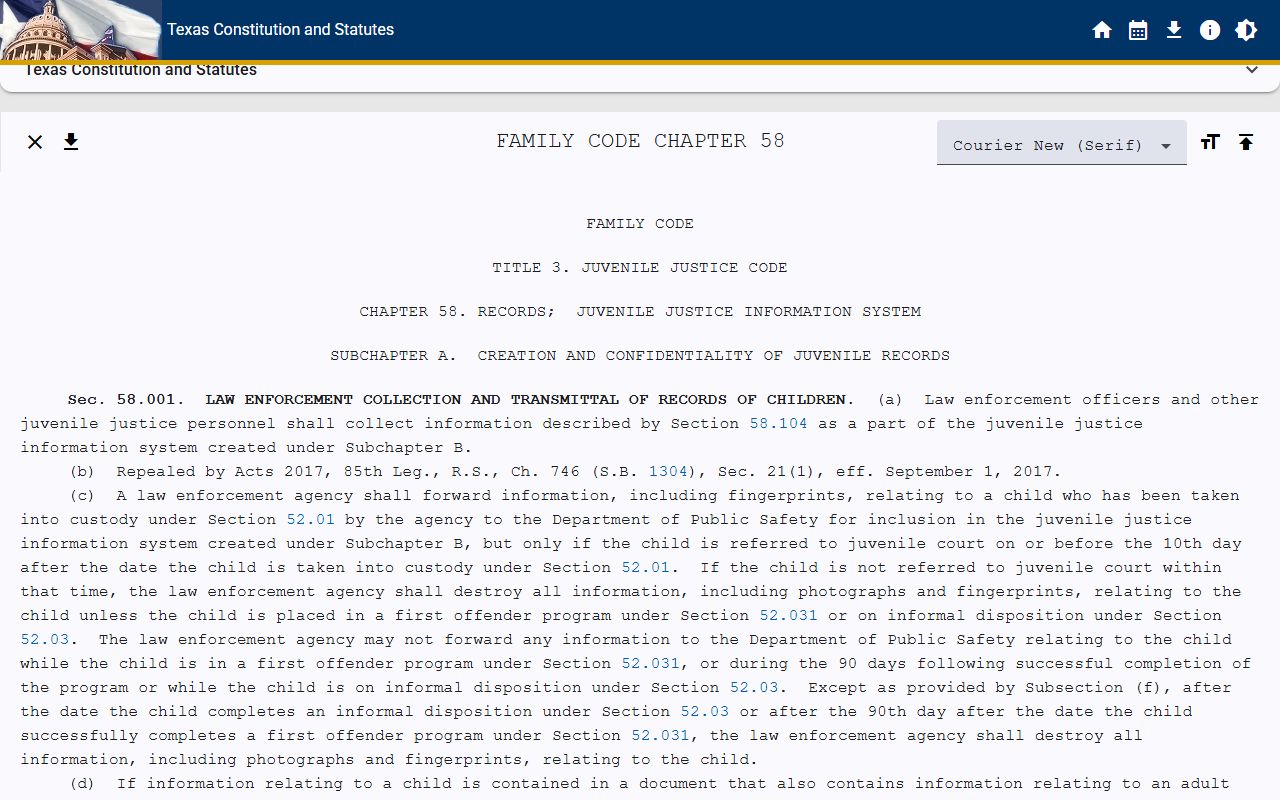 Texas juvenile records statute affecting Galveston County family records