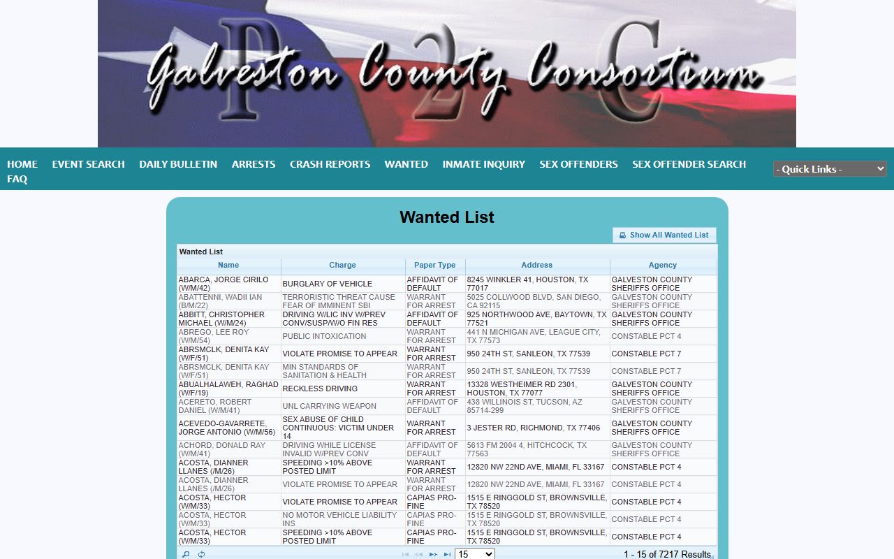 Galveston County warrant search on the Sheriff P2C Wanted List