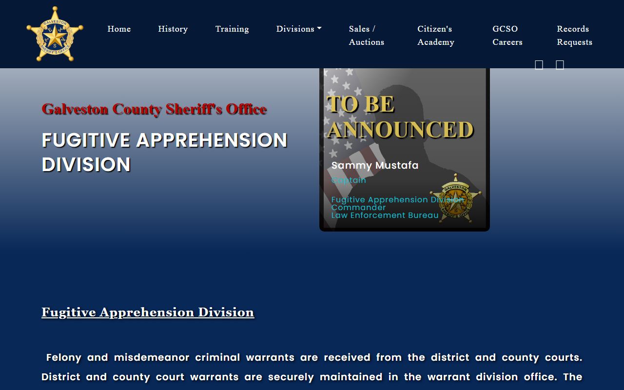 Galveston County warrant information on the Sheriff Fugitive Apprehension page